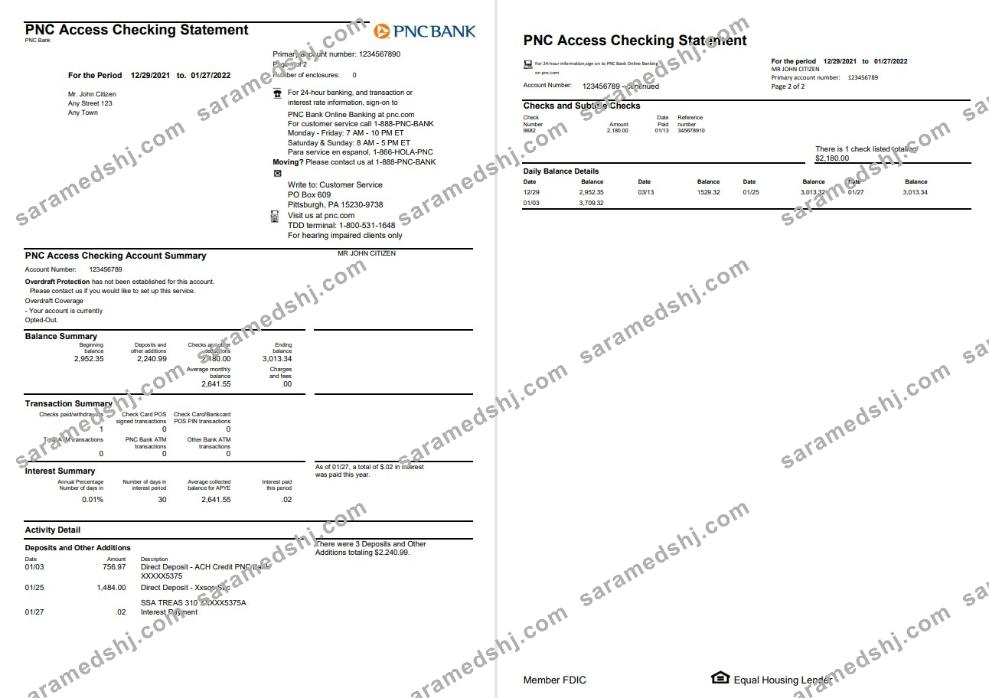 USA PNC bank statement template in Word and PDF format, 2 pages